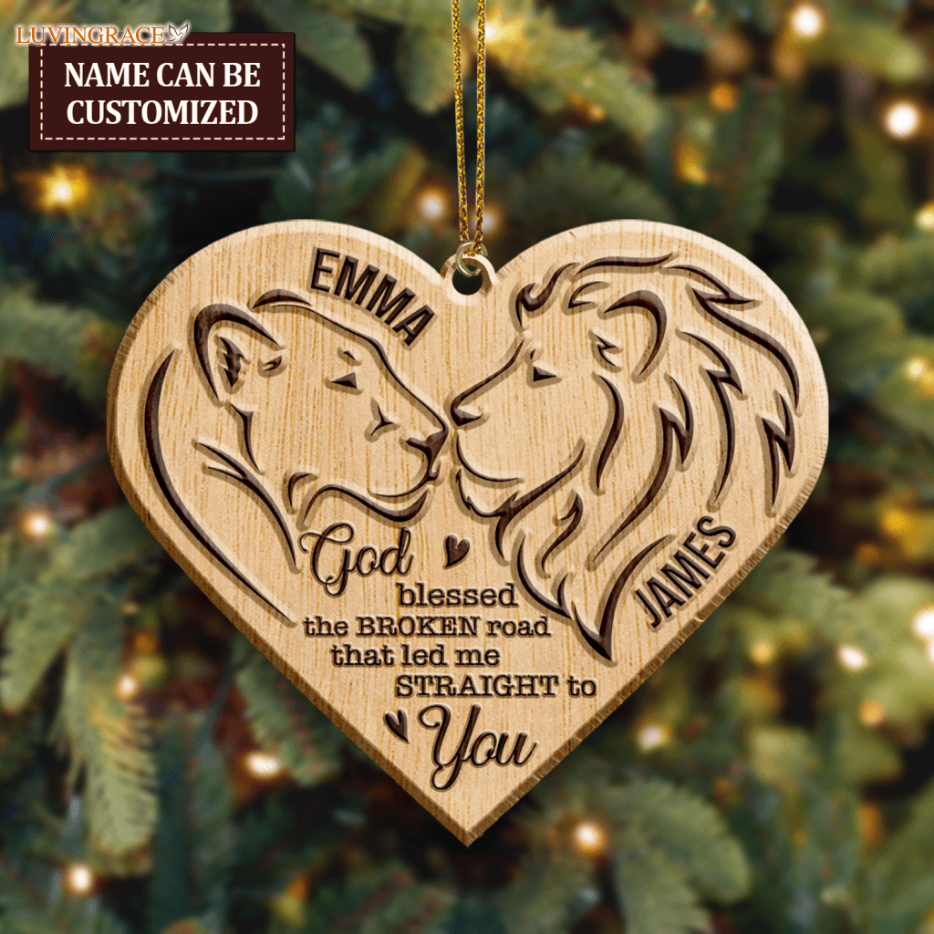 Heart Lion Couple God Blessed Personalized Wood Engraved Ornaments Wooden Ornament