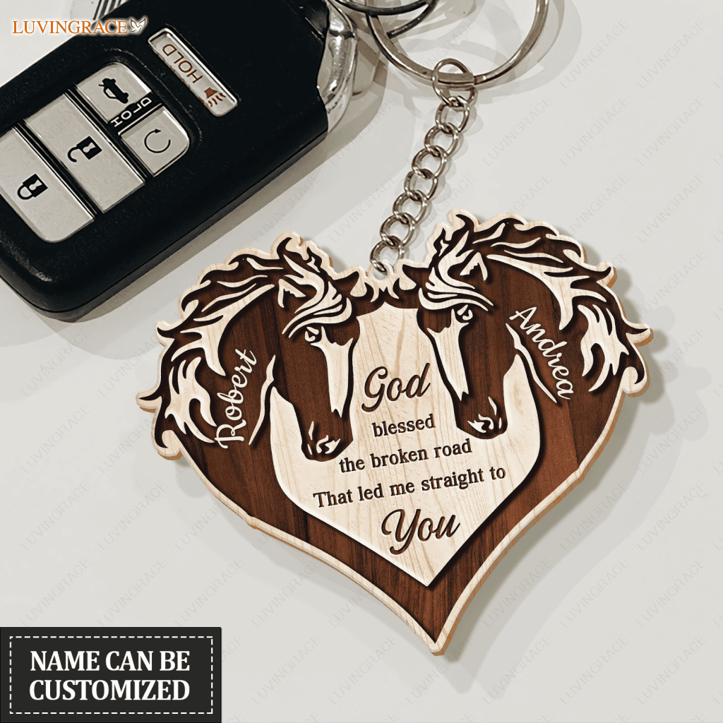 Heart Of Horses God Blessed Personalized Wooden Keychain