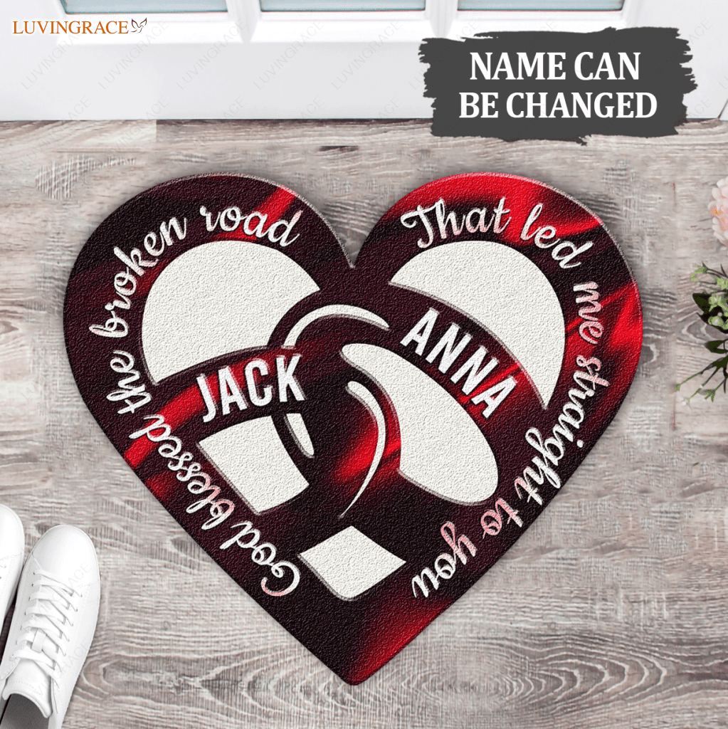 Heart Shape Couple Rings God Blessed Personalized Doormat