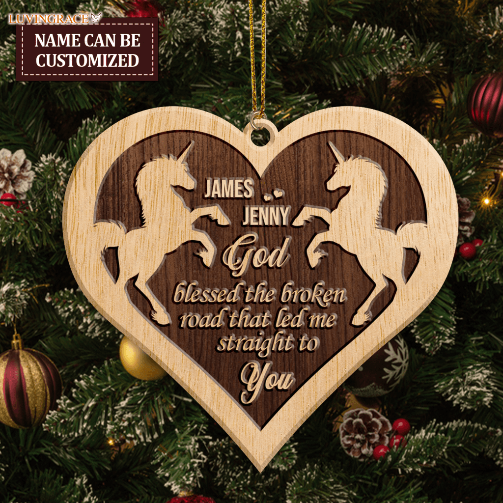 Heart Unicorn Couple God Blessed Personalized Wood Engraved Ornaments Wooden Ornament