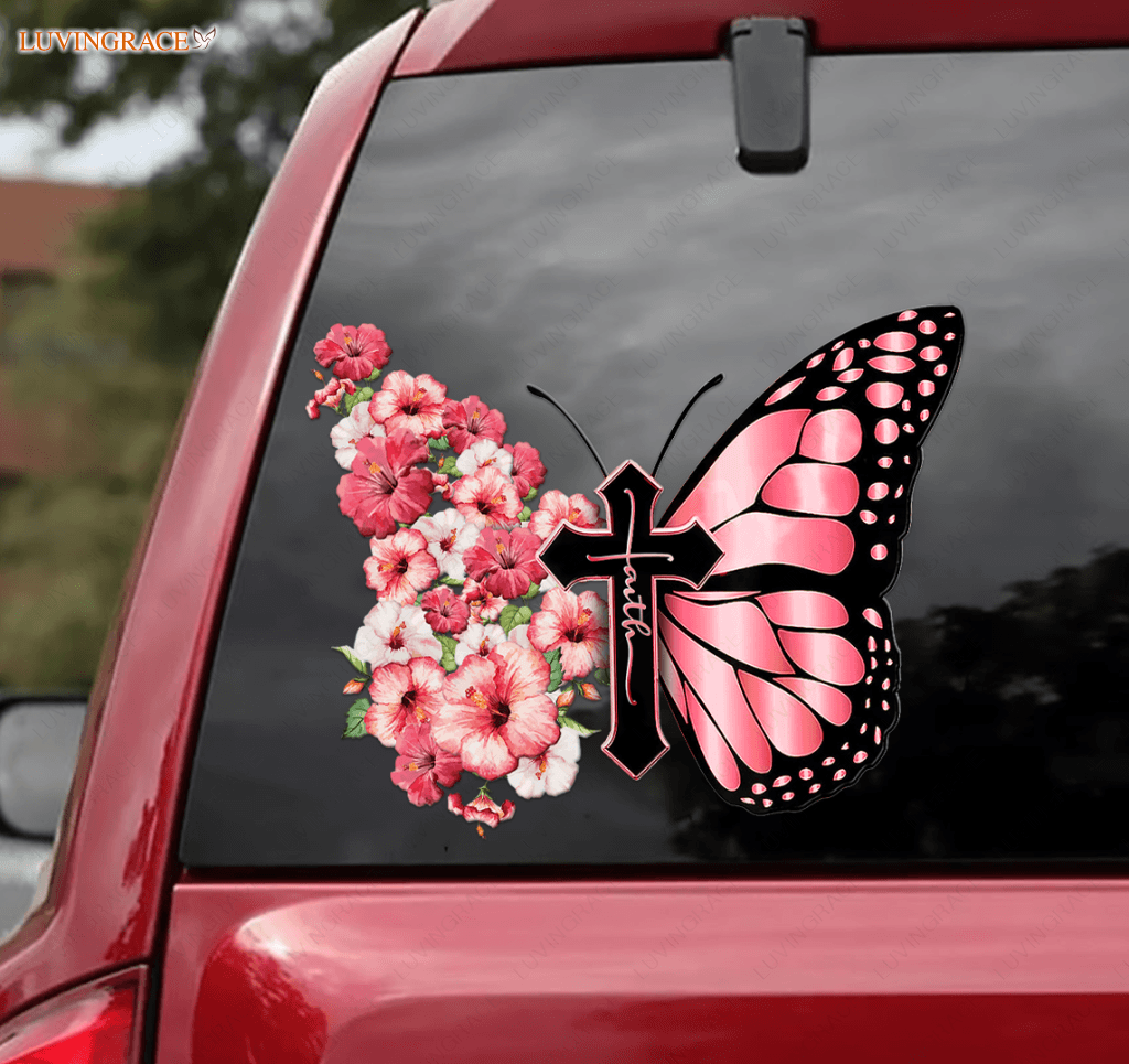 Hibiscus Flower Butterfly Cross Faith Car Sticker Wood Sign