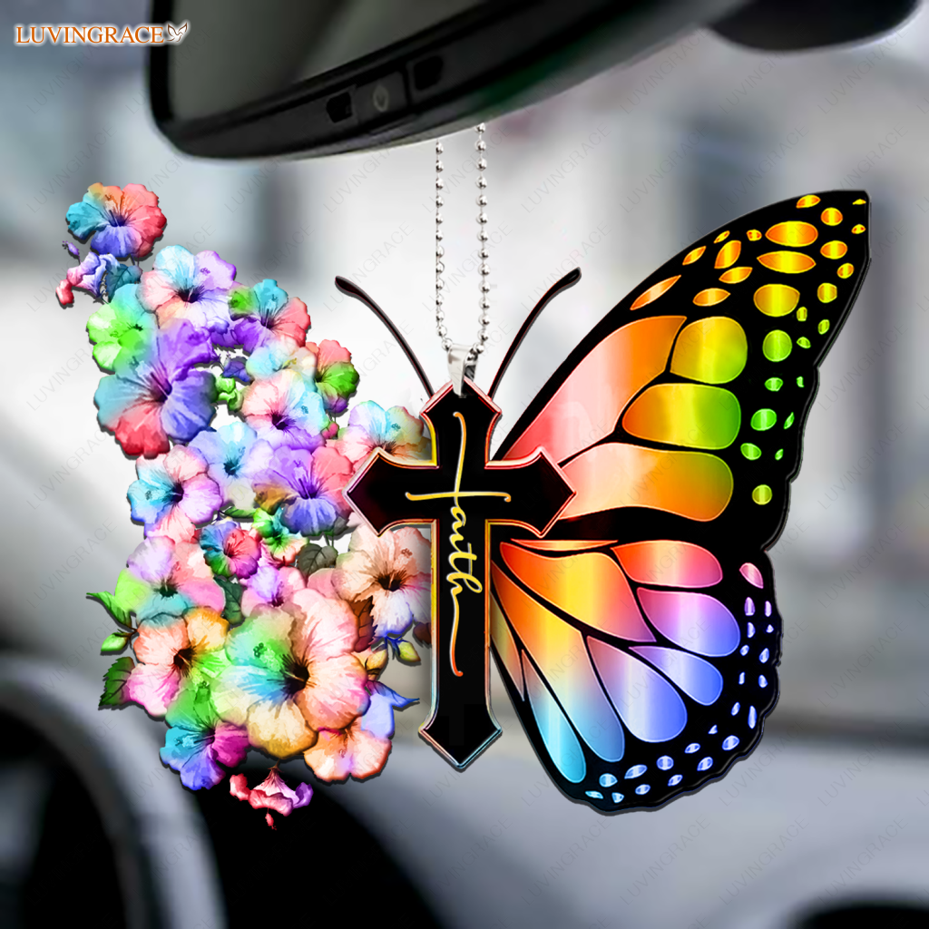 Hibiscus Rainbow Flower Butterfly Cross Faith Ornament