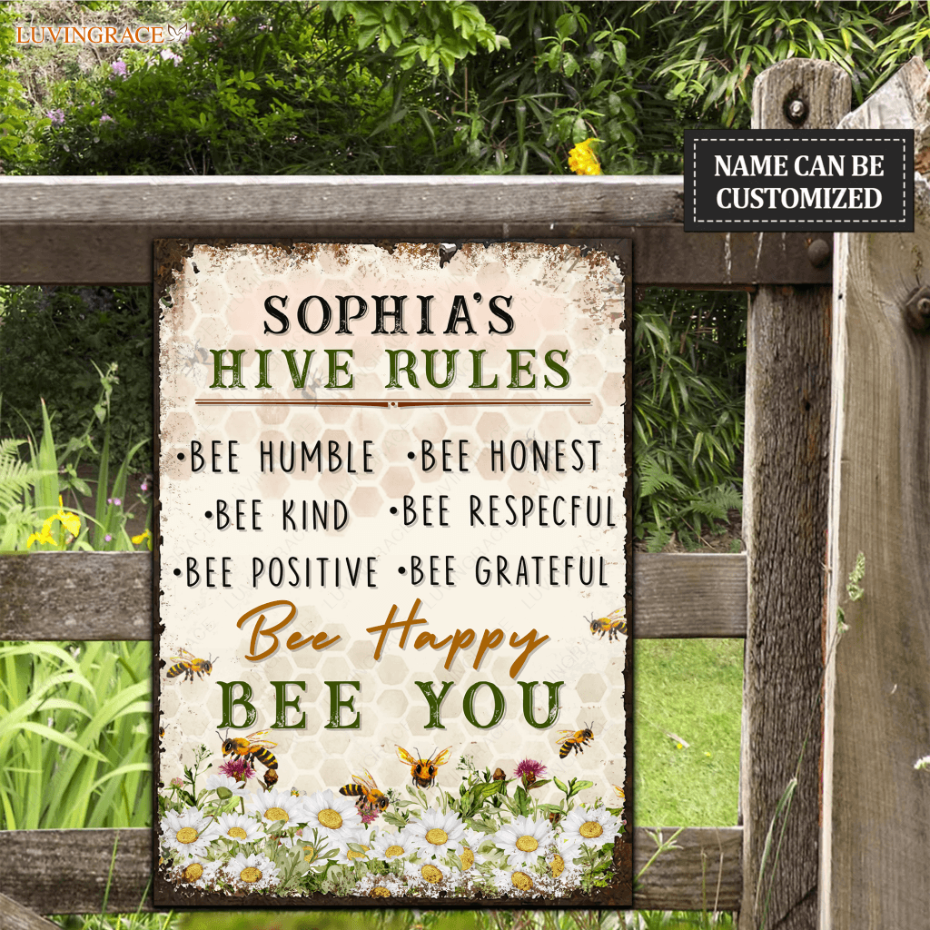 Hive Rules Farmhouse Bee Kind Personalized Metal Sign
