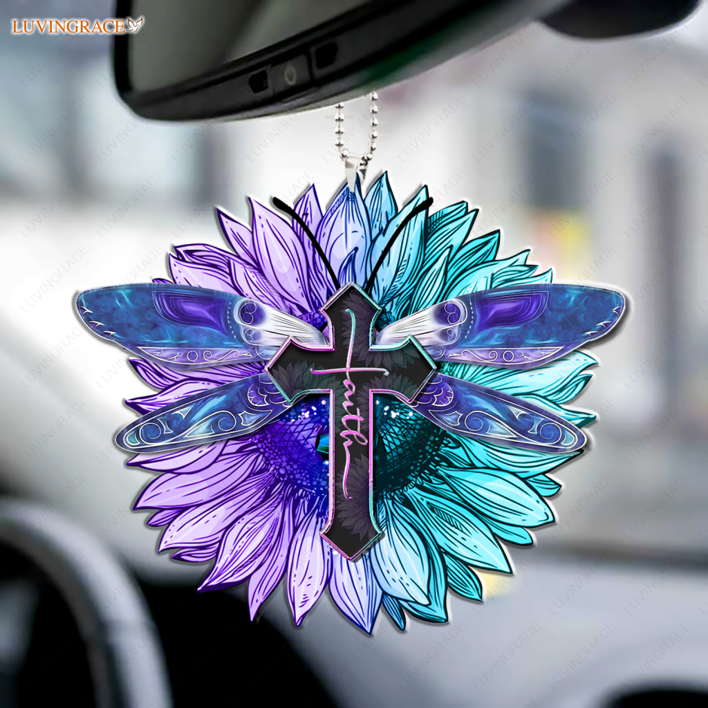 Hologram Dragonfly And Sunflower Faith Cross Ornament