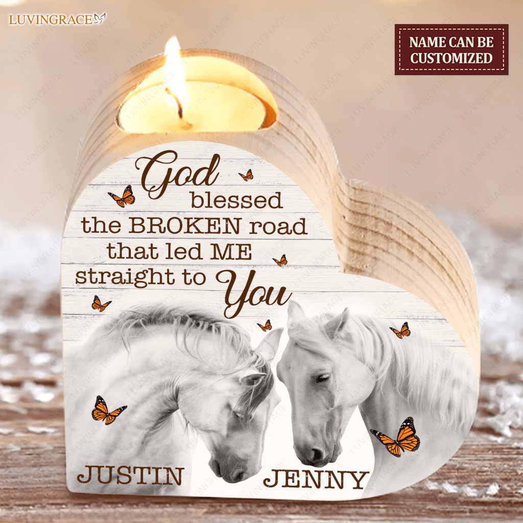 Horse Couple Butterfly God Blessed Personalized Candle Holder Heart Shaped