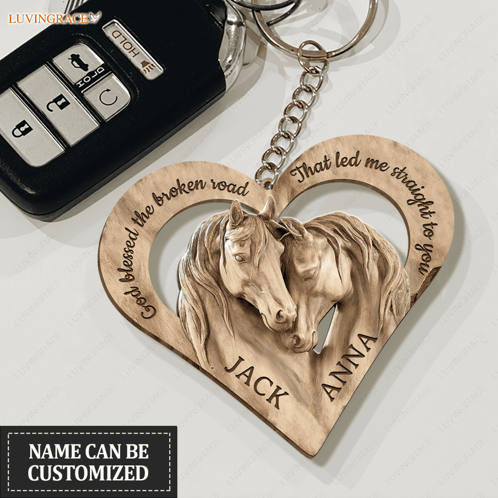 Horses In Love God Blessed Personalized Wooden Keychain