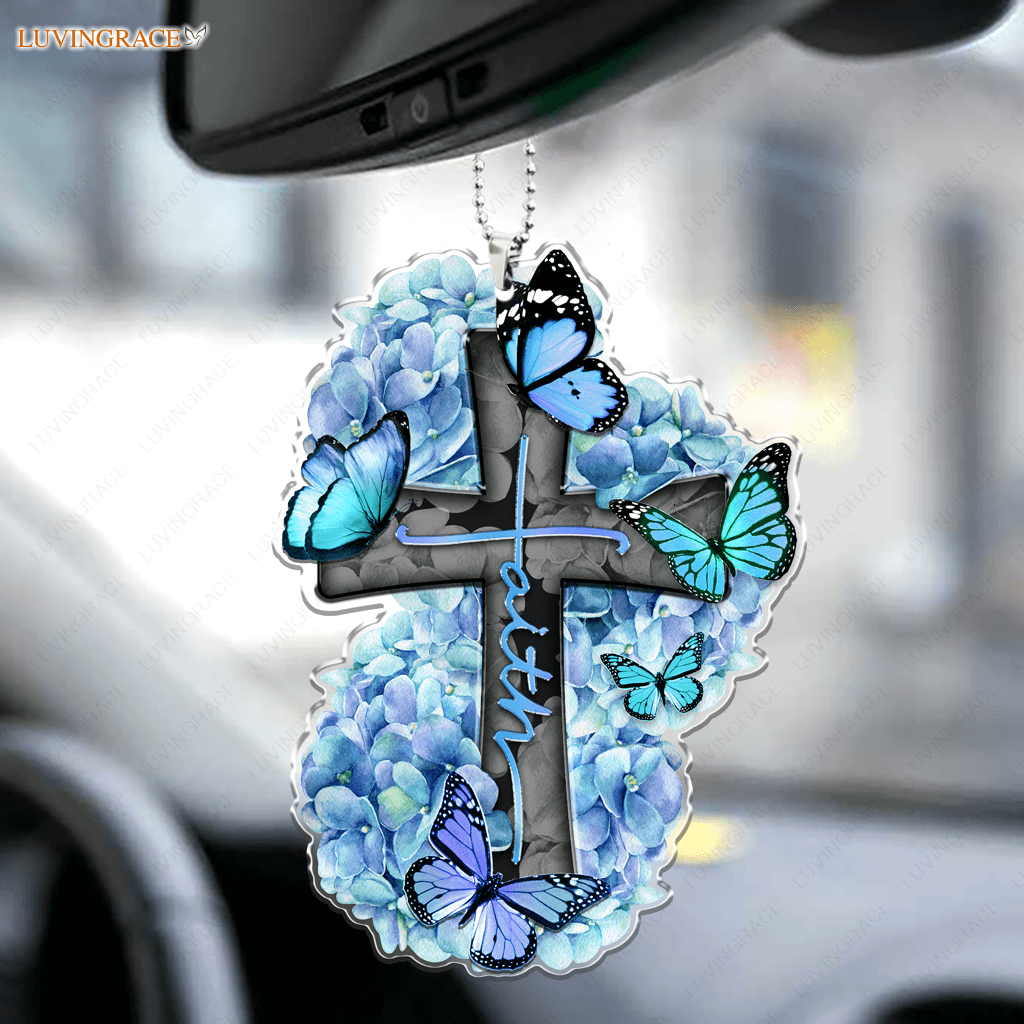 Hydrangea Blue Faith Cross Ornament