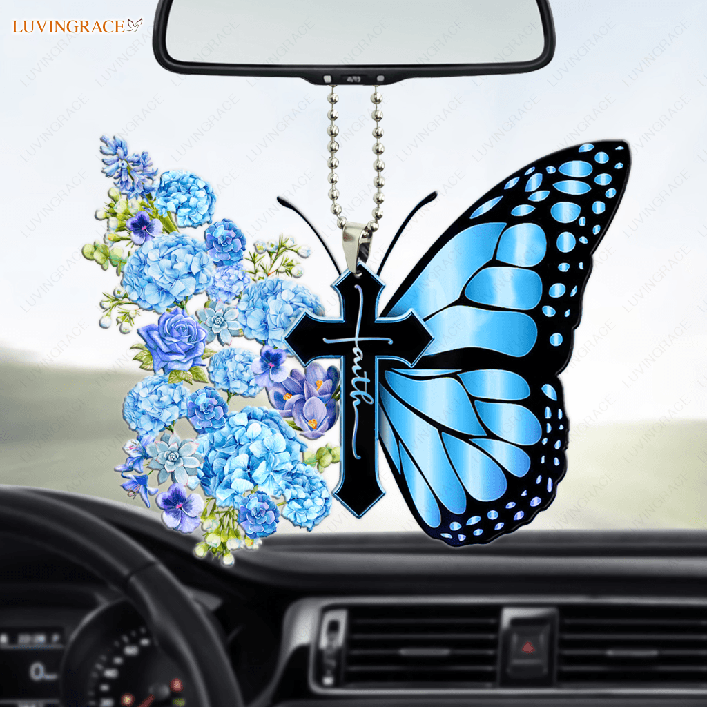 Hydrangea Butterfly Faith Cross Ornament