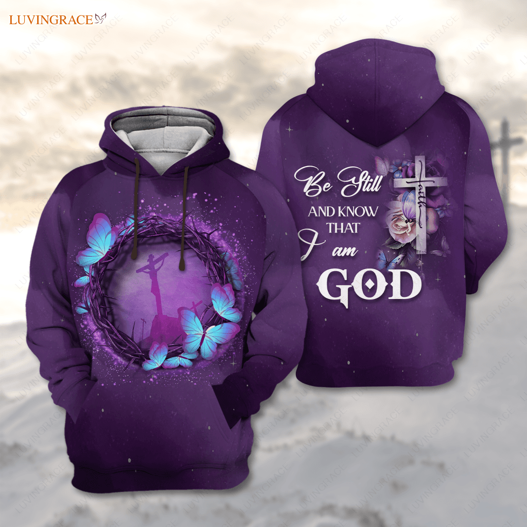 Jesus On Cross Blue Butterfly Be Still And Know That I Am God Hoodie / S