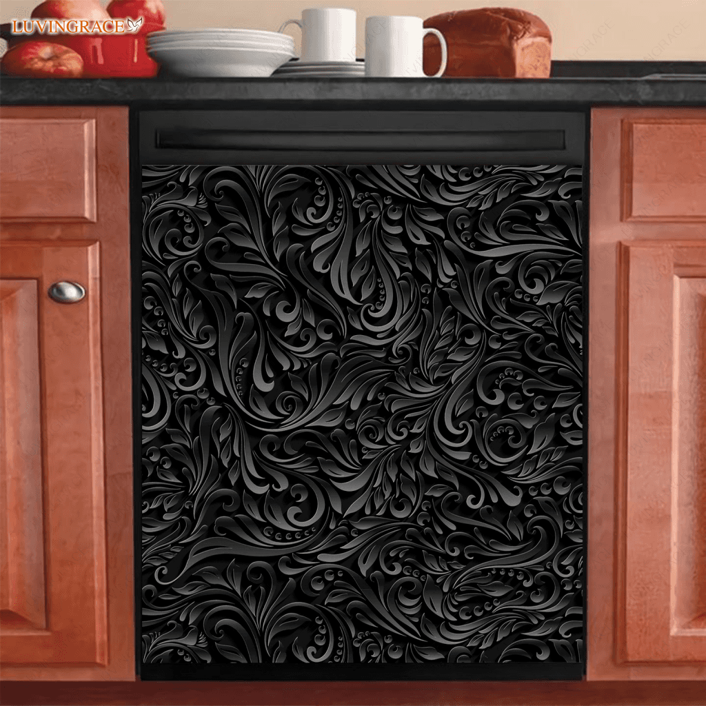 Kitchen Decor Dishwasher Magnet Cover Beautiful Dark Vintage Floral Engraved Design