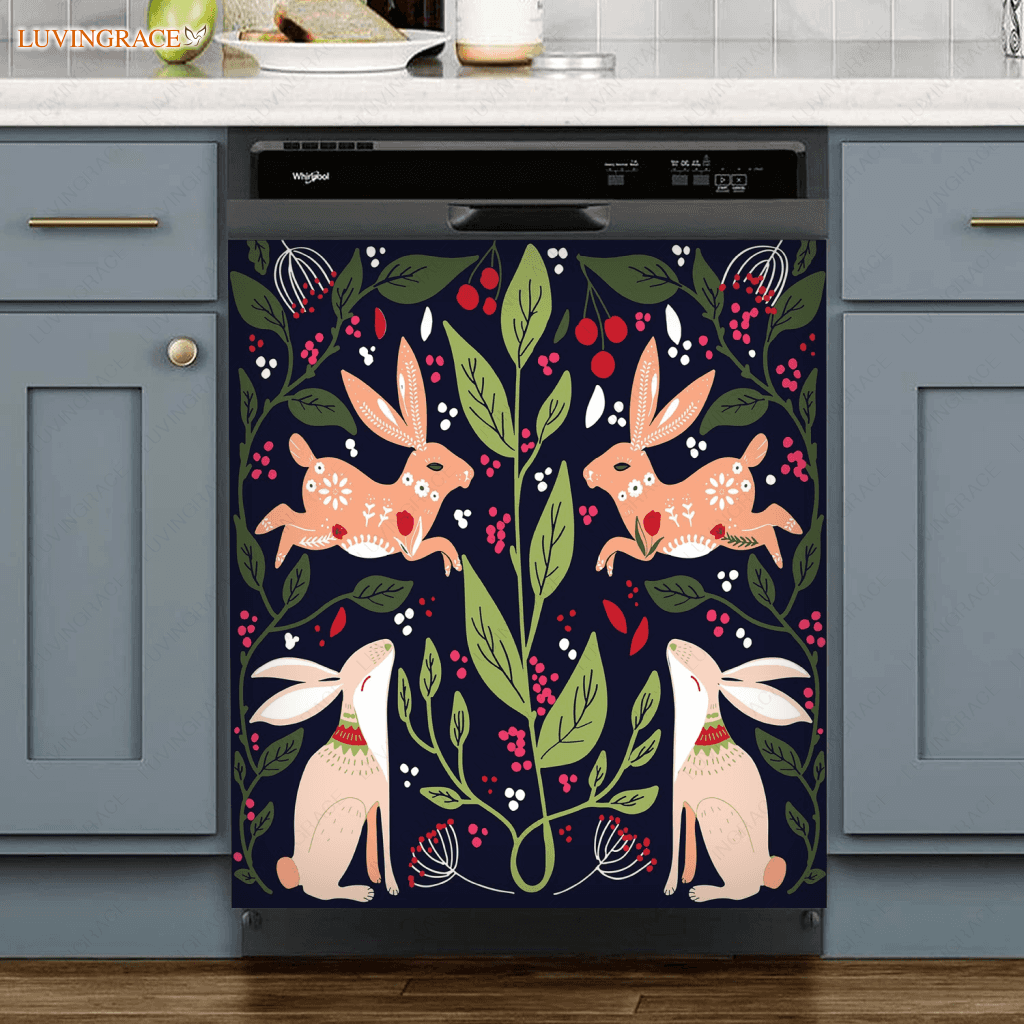 Kitchen Decor Dishwasher Magnet Cover Folk Art Bunny