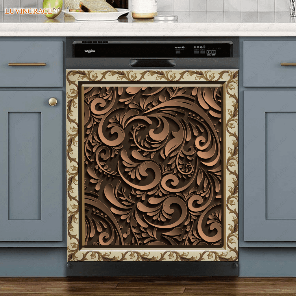 Kitchen Dishwasher Magnet Cover Beautiful Dark Floral Engraved Design