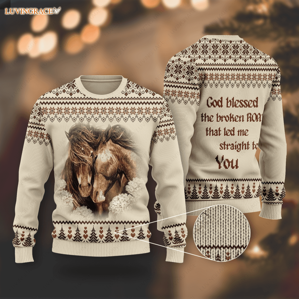 Love Horse Wool Knitted Christmas Pattern God Blessed Ugly Sweater Sweatshirt