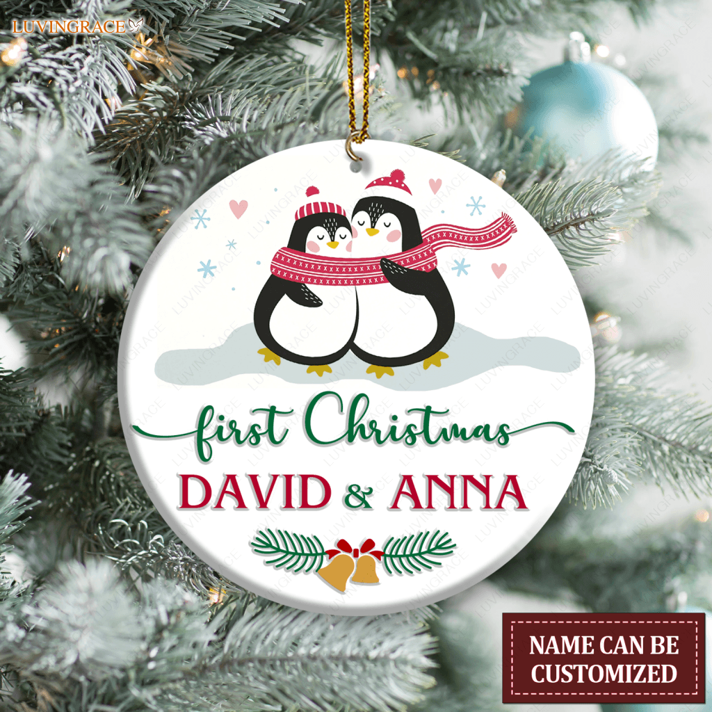 Loving Penguin Couple Our First Christmas Personalized Ornament Ceramic