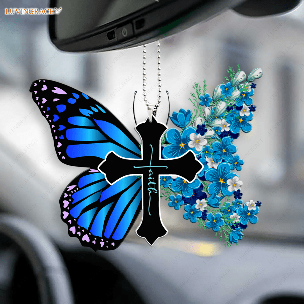 Luvingrace L185 Blue Flowers Butterfly Faith Cross Ornament