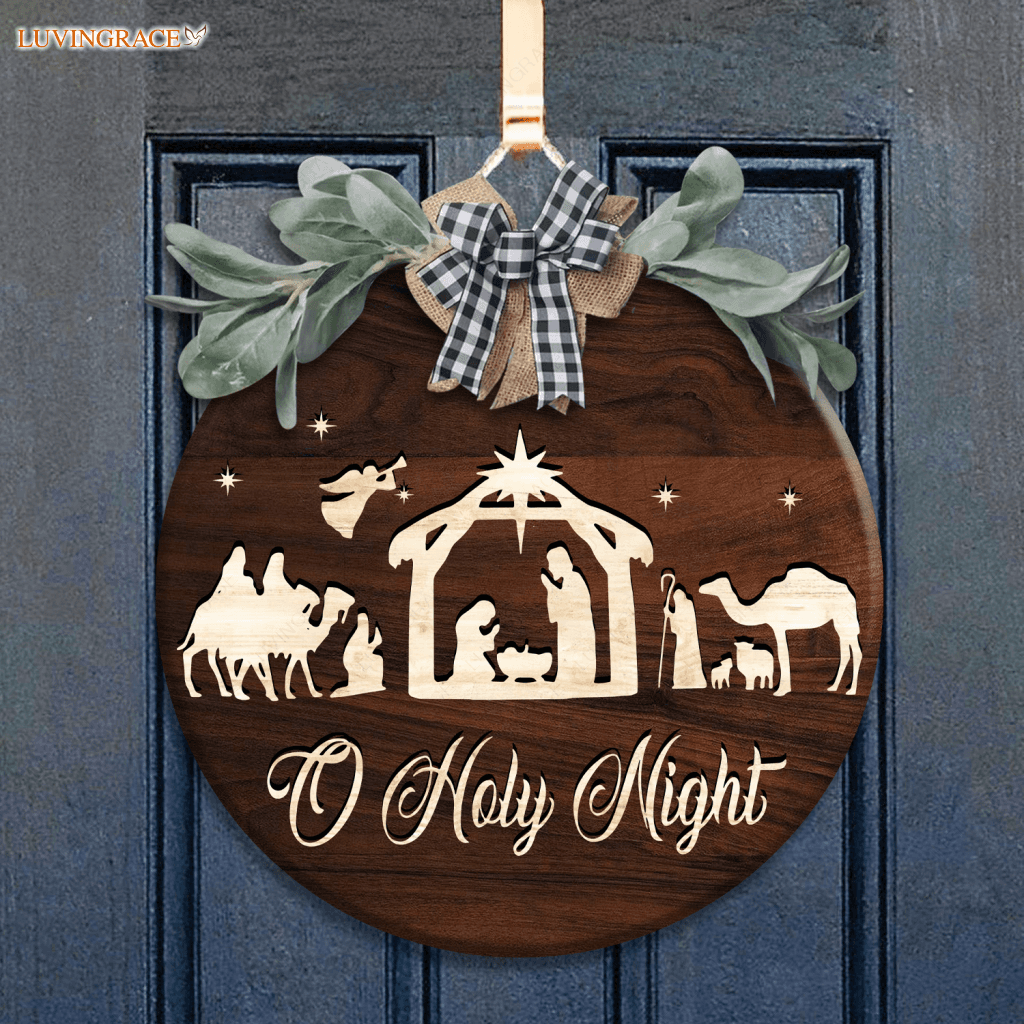 Nativity Christmas Decor Round Sign With Bow Door Hanger Wood Circle
