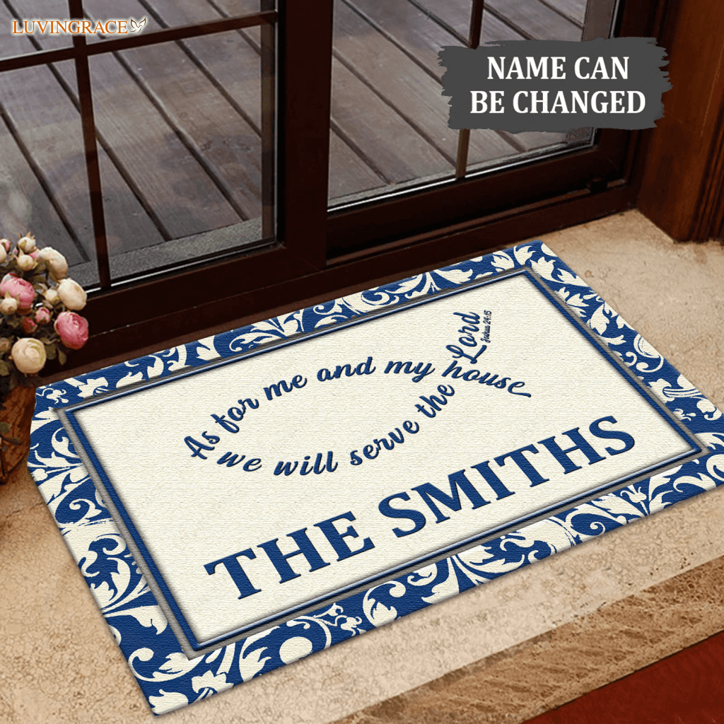 Navy Blue And Silver Serve The Lord Personalized Doormat