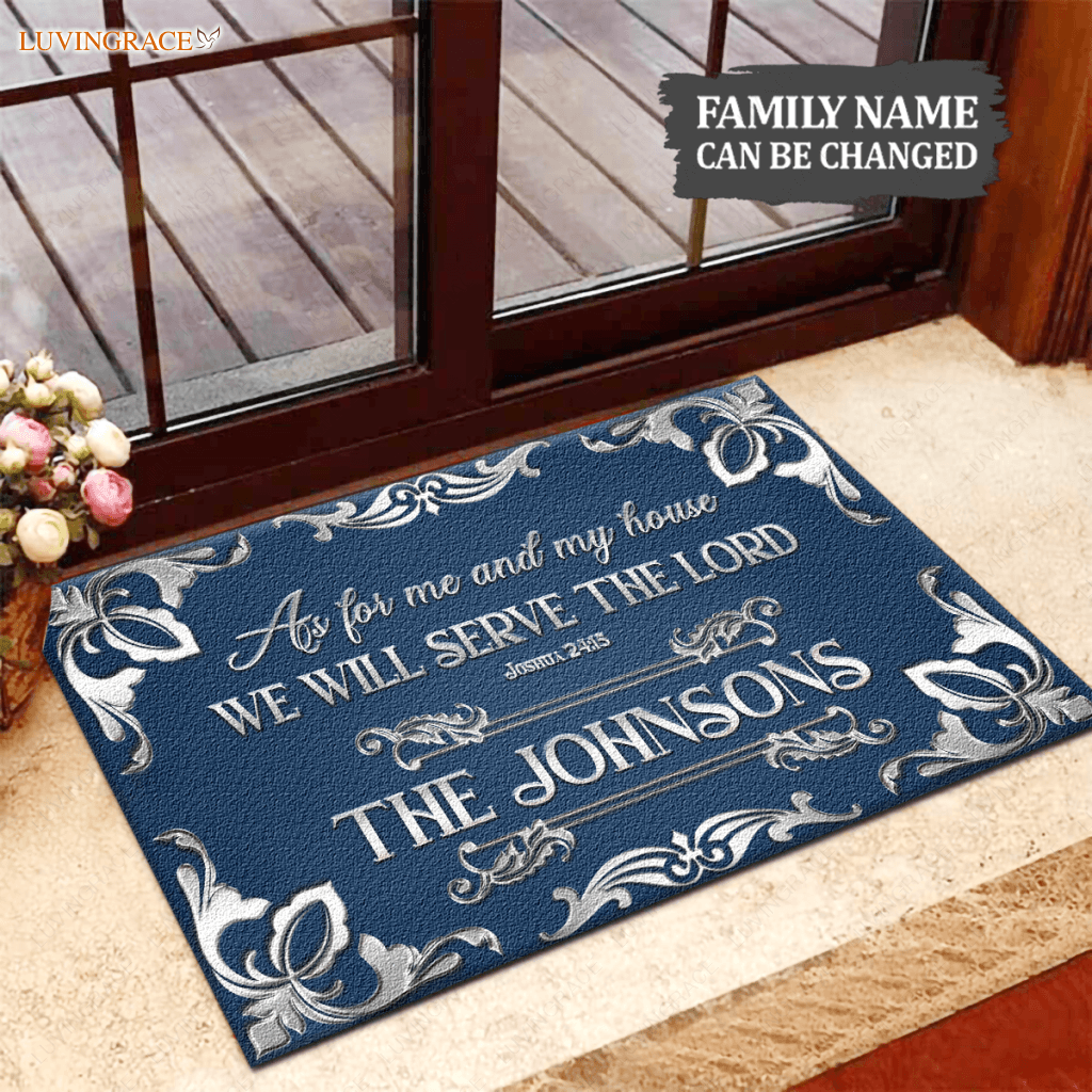 Navy Silver Serve The Lord Personalized Doormat