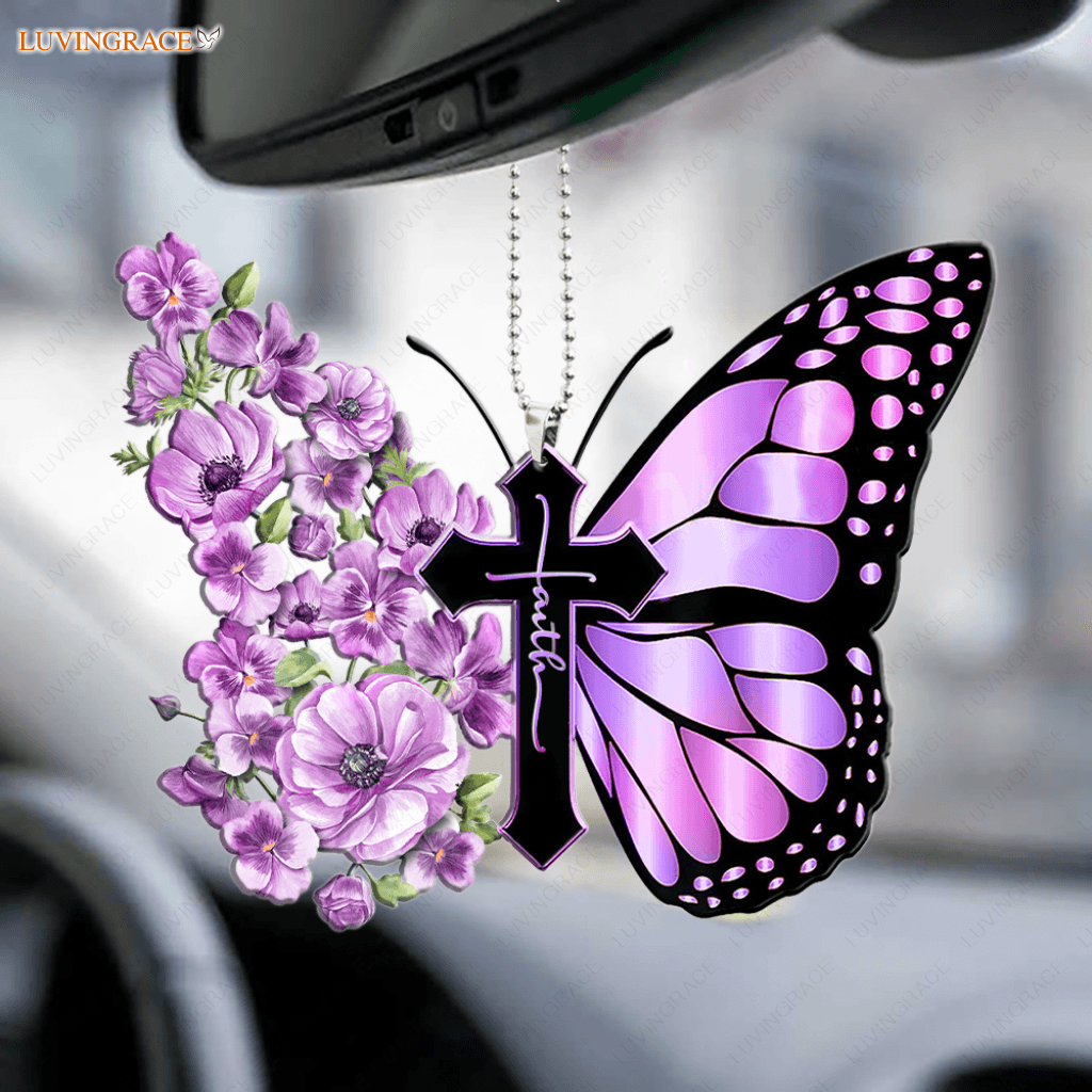 Pansies Butterfly Faith Cross Ornament