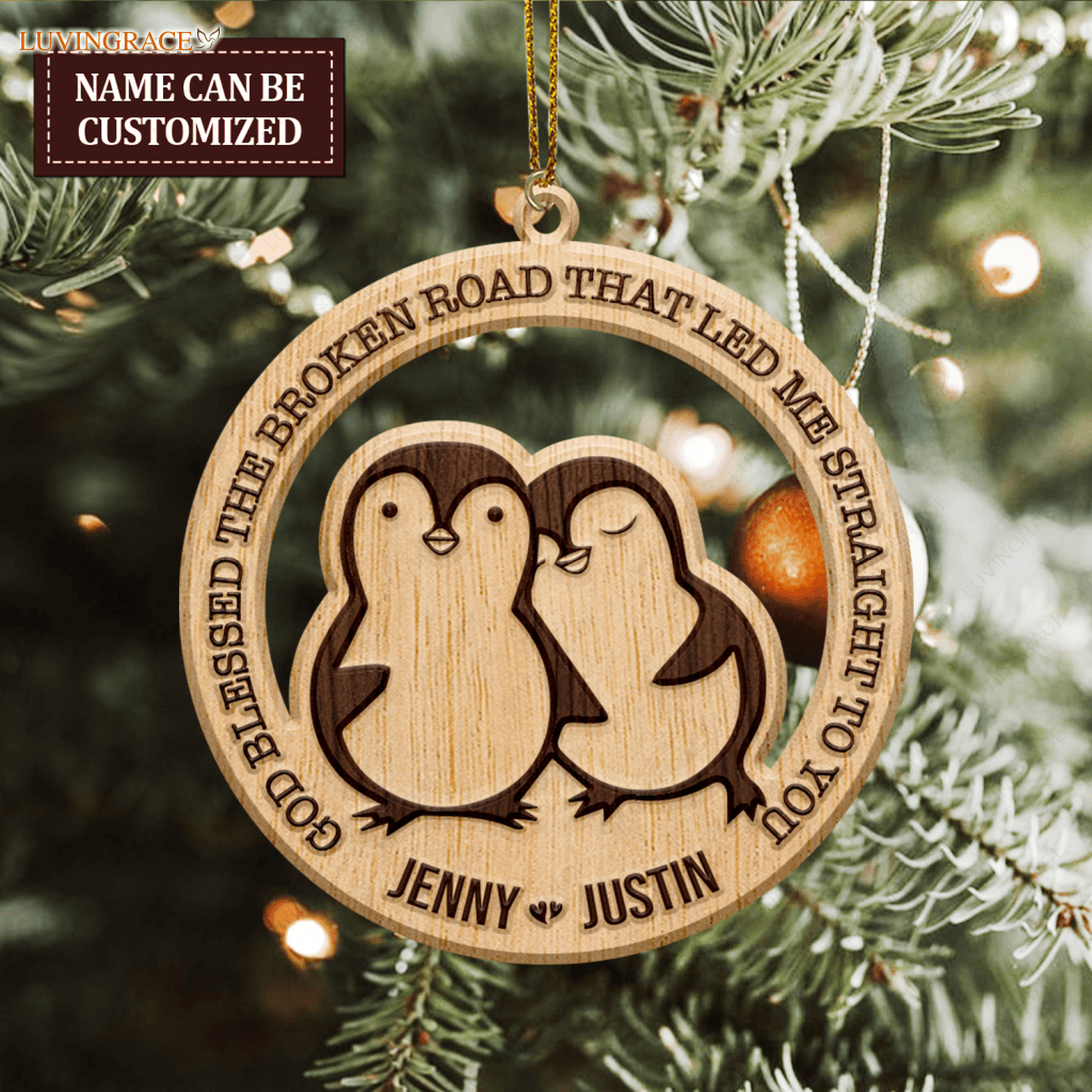 Penguin Couple God Blessed Personalized Wood Engraved Ornaments Wooden Ornament