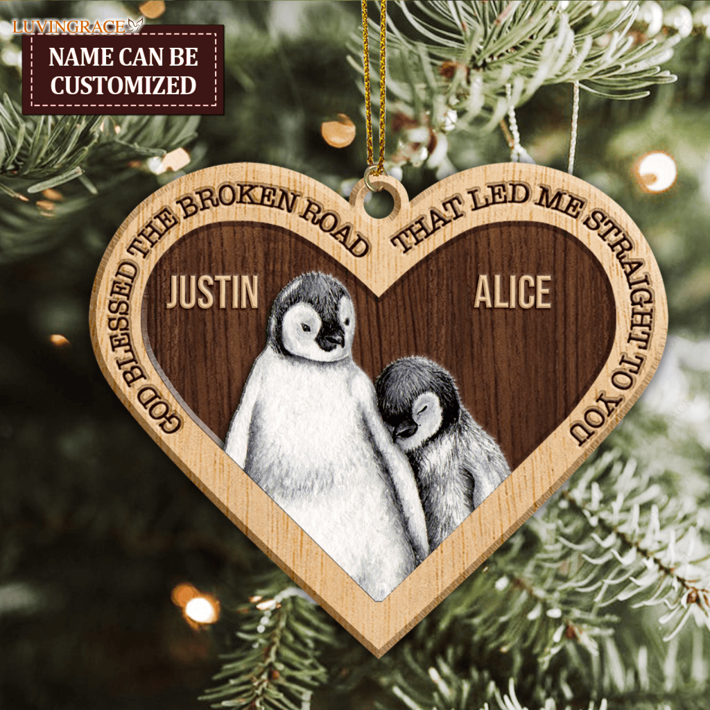 Penguin Couple God Blessed Personalized Wood Engraved Ornaments Wooden Ornament