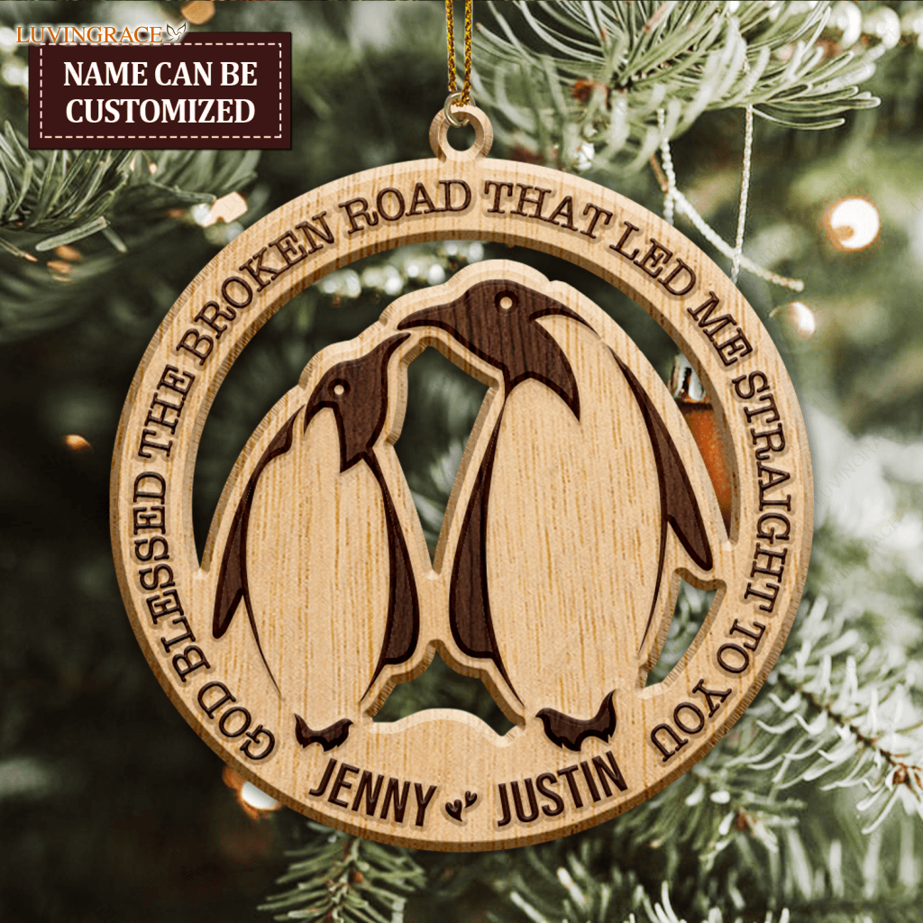 Penguin Couple God Blessed Personalized Wood Engraved Ornaments Wooden Ornament