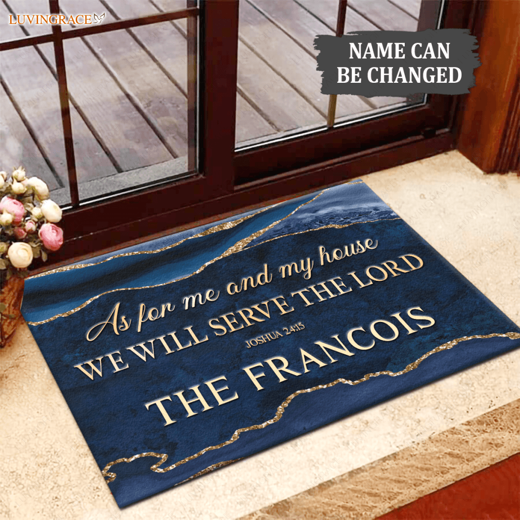 Personalized Chic Navy Blue Gold Serve The Lord Doormat
