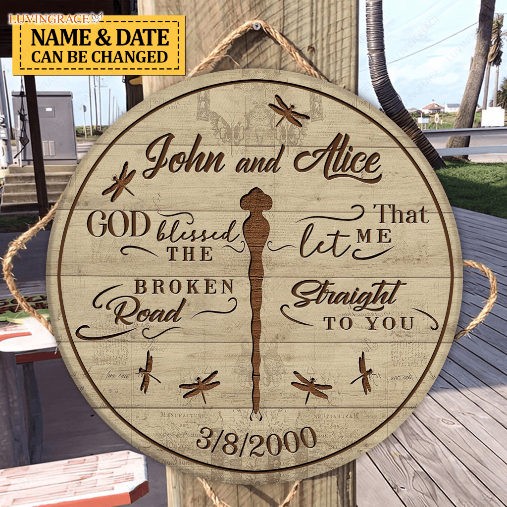 Personalized Couple God Blessed Dragonfly Wood Circle Sign