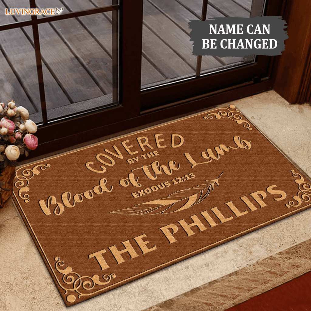 Personalized Covered By The Blood Of Lamb Feather Doormat