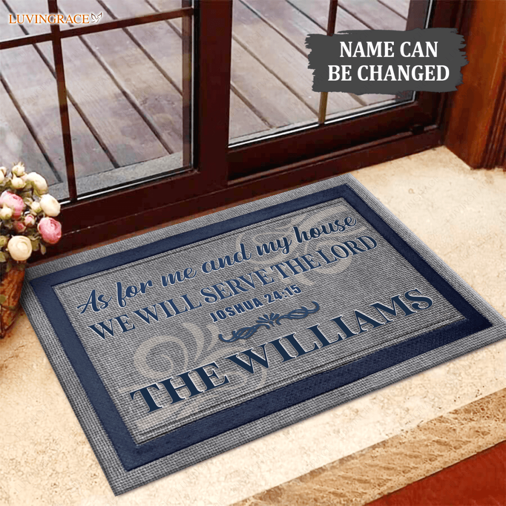 Personalized Family Name Serve The Lord Grey And Navy Doormat