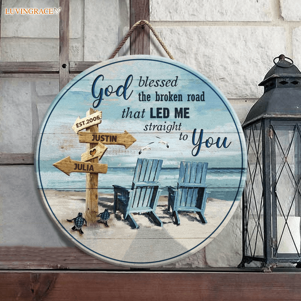 Personalized God Blessed Couple Chairs Wood Circle Sign Tumbler