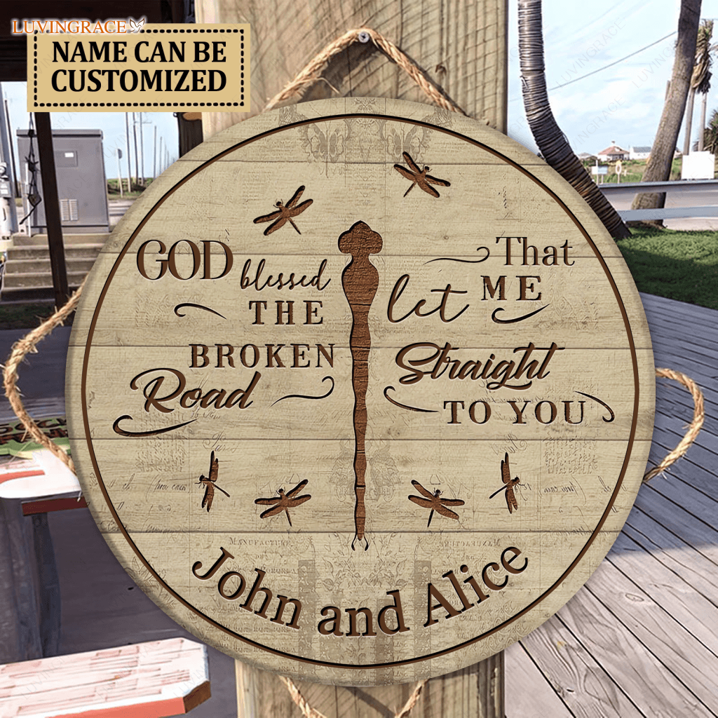 Personalized God Blessed Dragonfly Wood Circle Sign