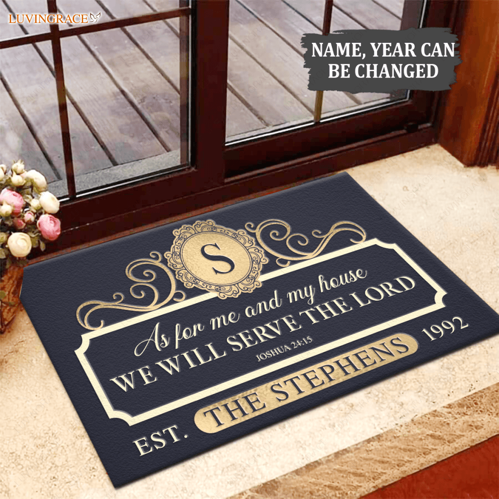 Personalized Gold Navy Family Home Serve The Lord Doormat