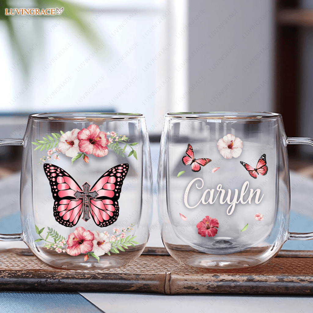 Personalized Hibiscus Butterfly Faith Doubled-Wall Glass Mug