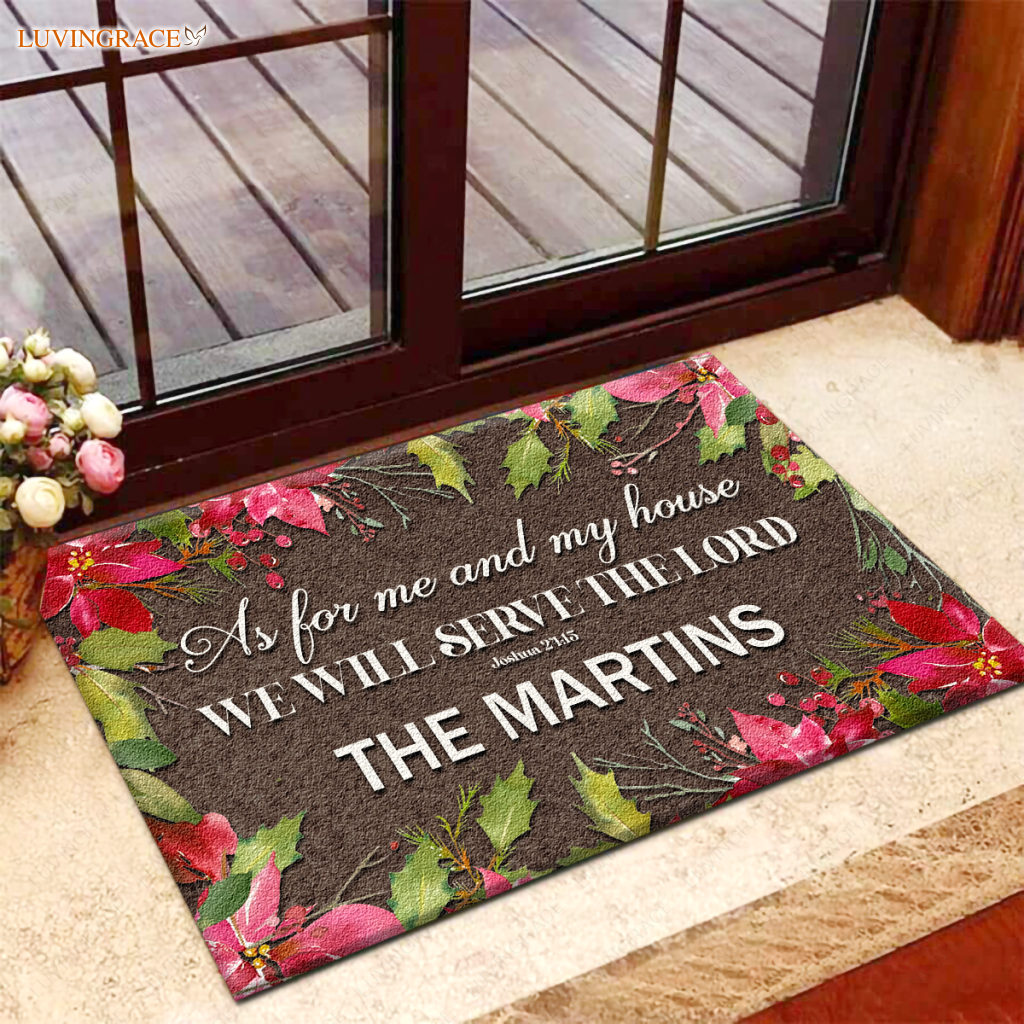 Personalized Holly Steams Poinsettia Serve The Lord Doormat