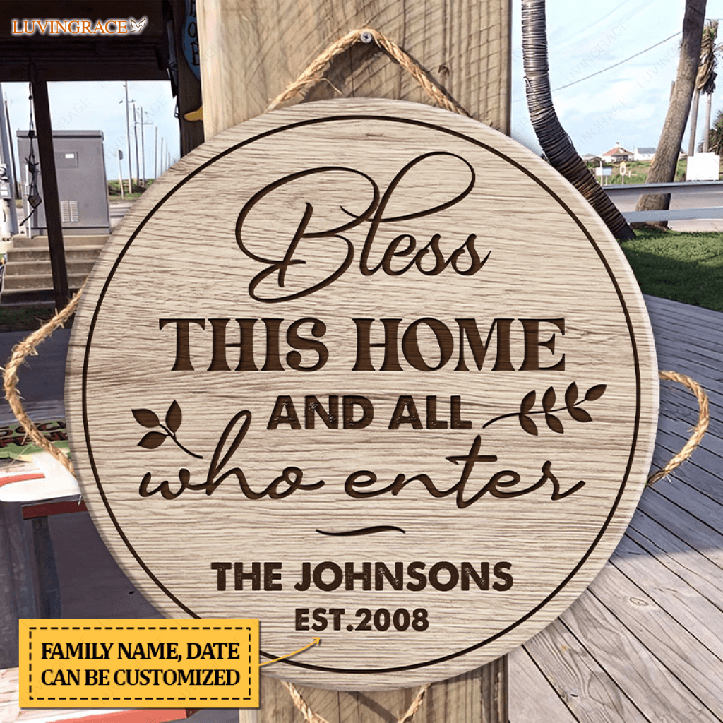 Personalized May God Bless This Home Circle Sign Wood