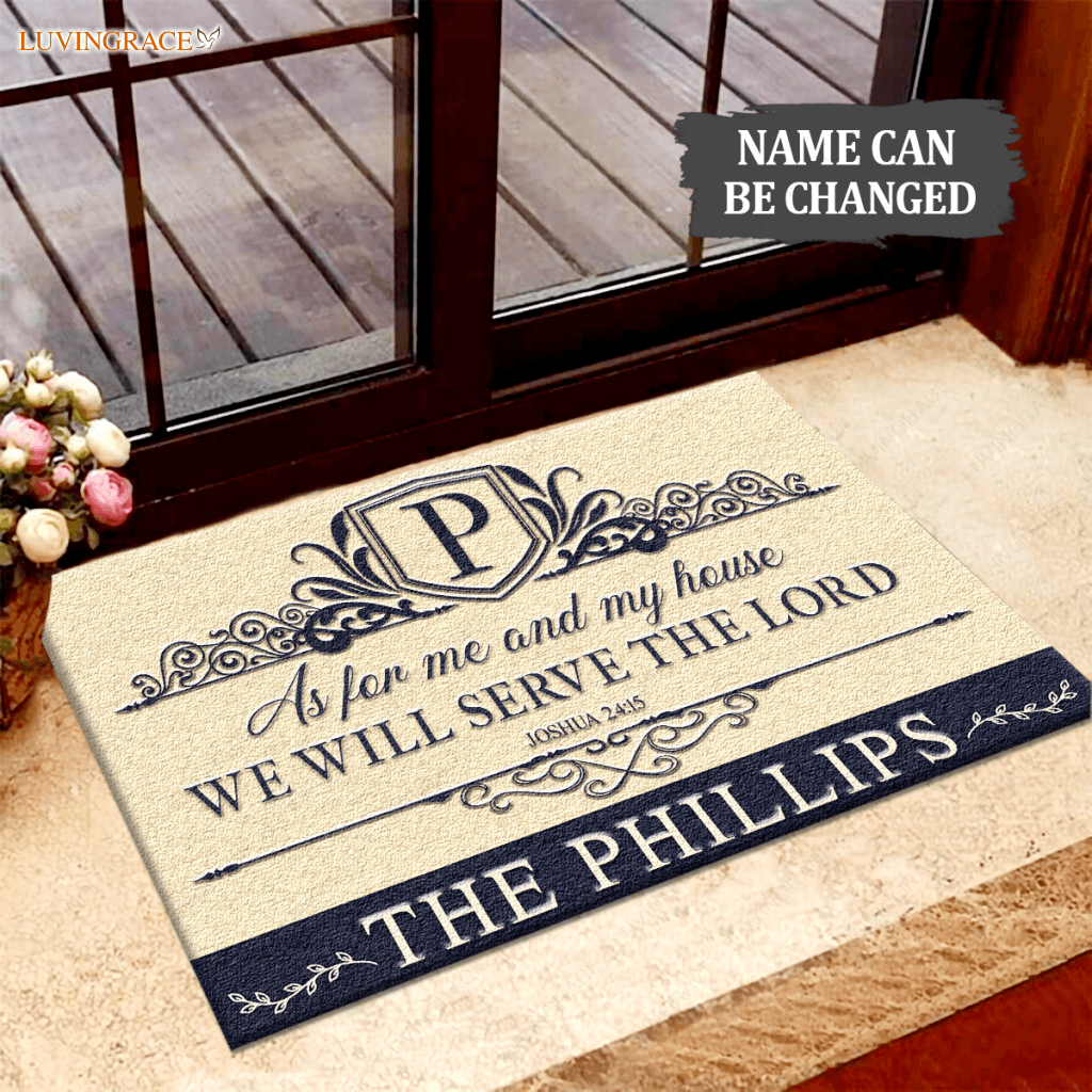 Personalized Monogram Luxury Serve The Lord Navy And Tan Doormat