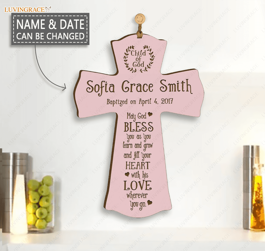 Personalized Pink Hanging Cross Baptism Gift Wood Sign