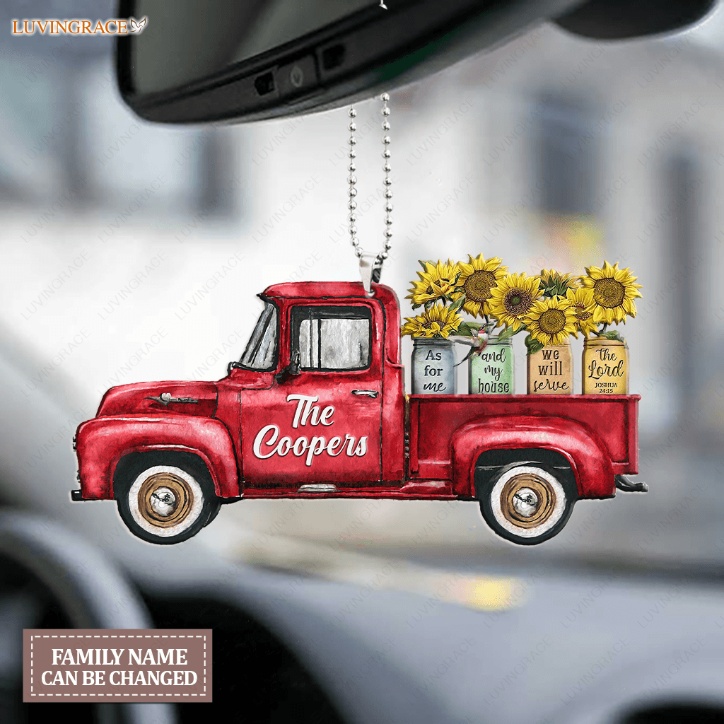 Personalized Red Truck Sunflower Jars Serve The Lord Ornament