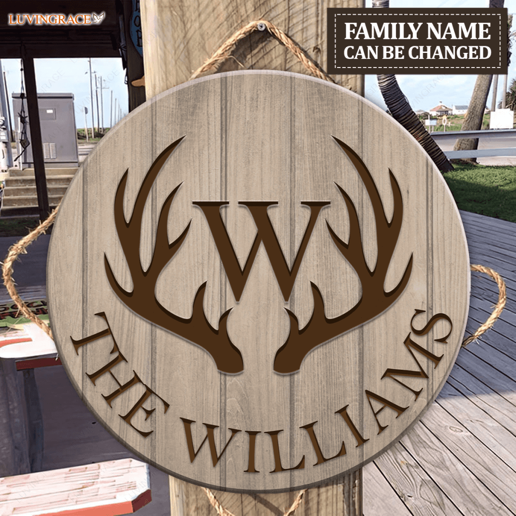Personalized Rustic Country Family Name Deer Antlers Wood Sign Circle