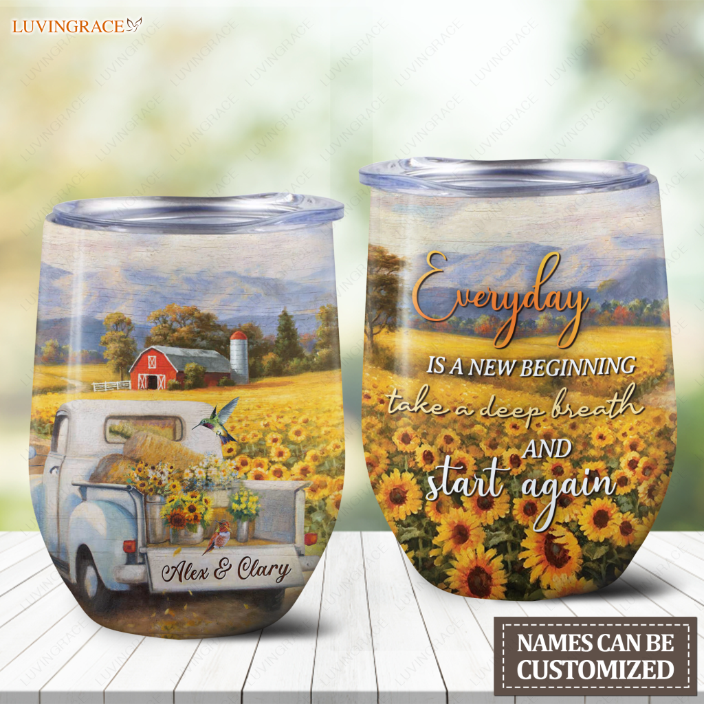 Personalized Sunflower Field New Beginning Wine Tumbler