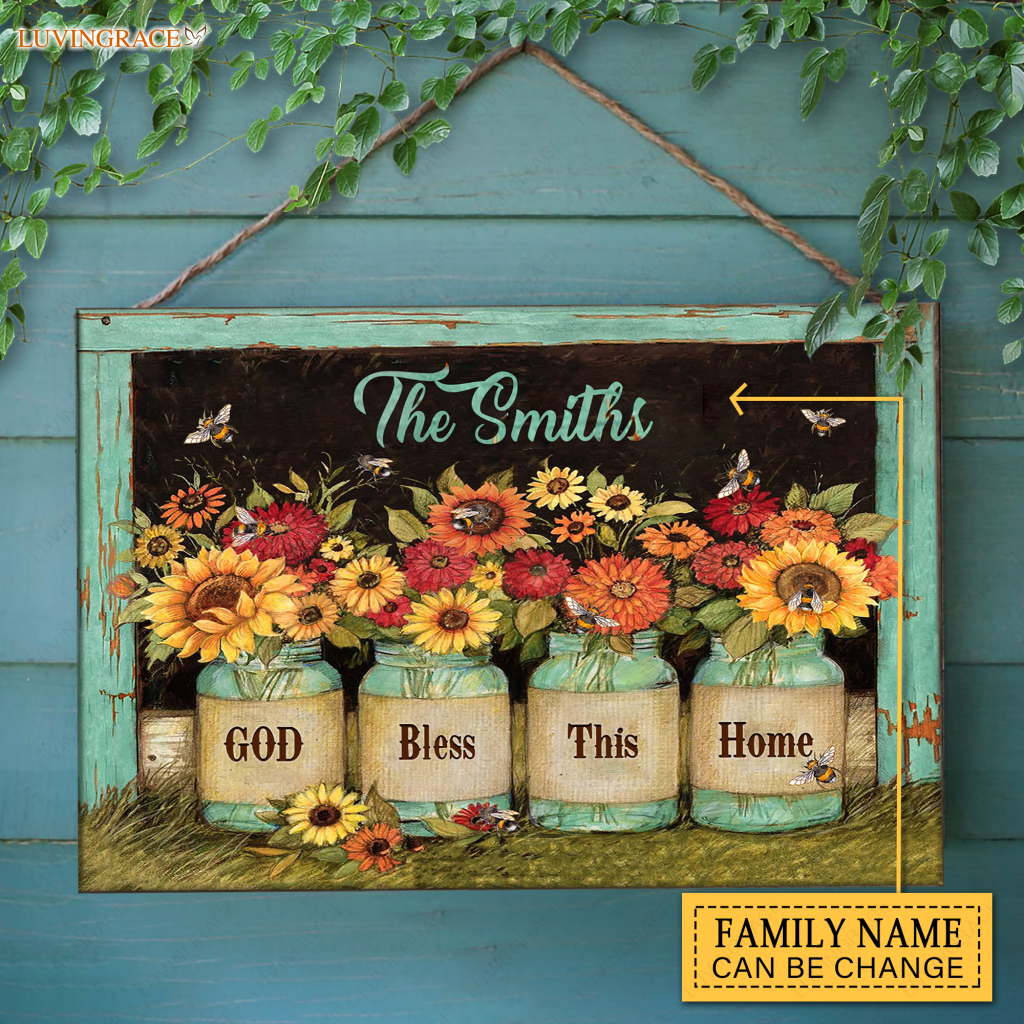 Personalized Sunflower Jars Bless This Home Wood Rectangle Sign