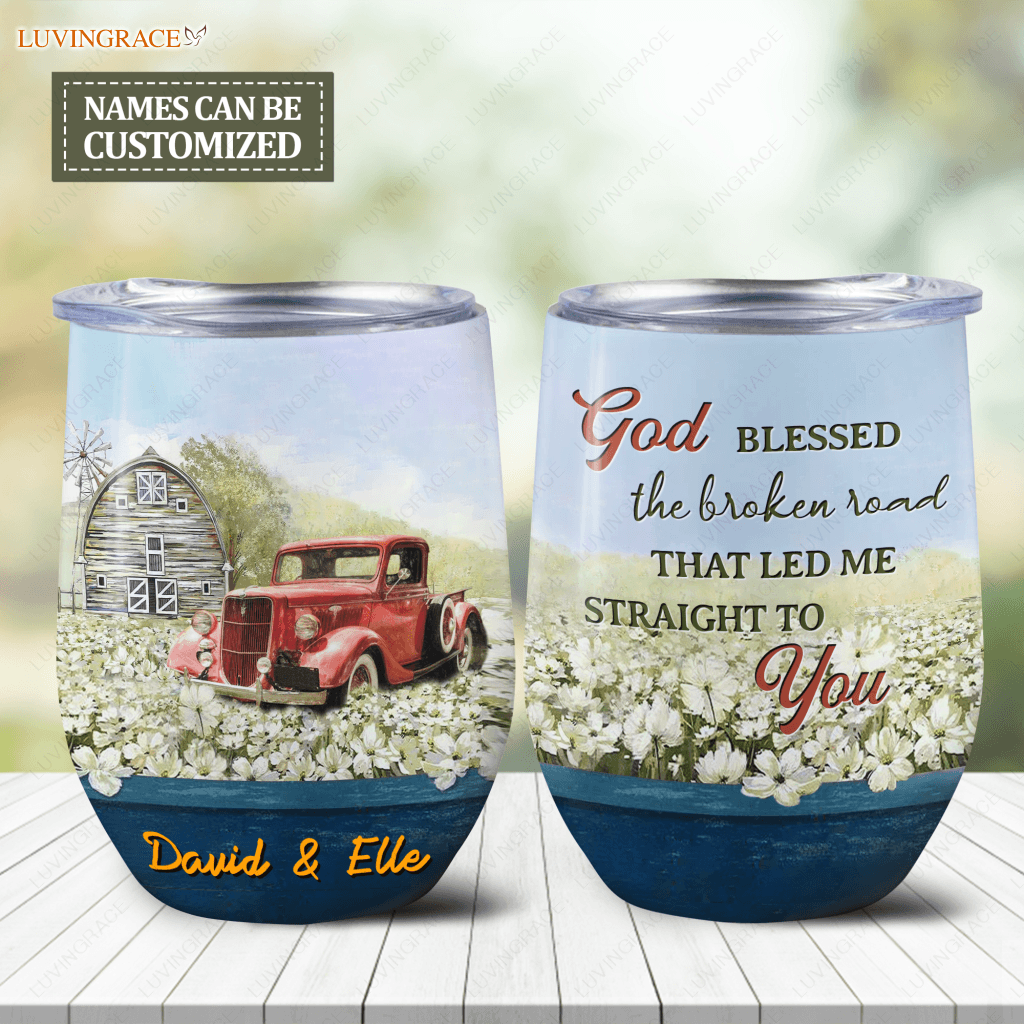 Personalized Vintage Field God Blessed The Broken Road Wine Tumbler