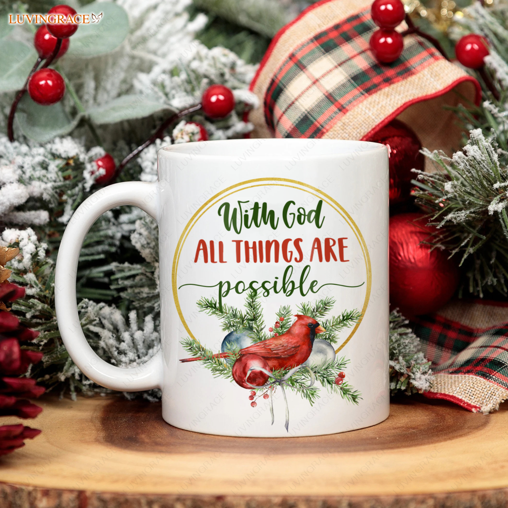 Pine Floral Cardinal With God All Things Are Possible Mug Ceramic