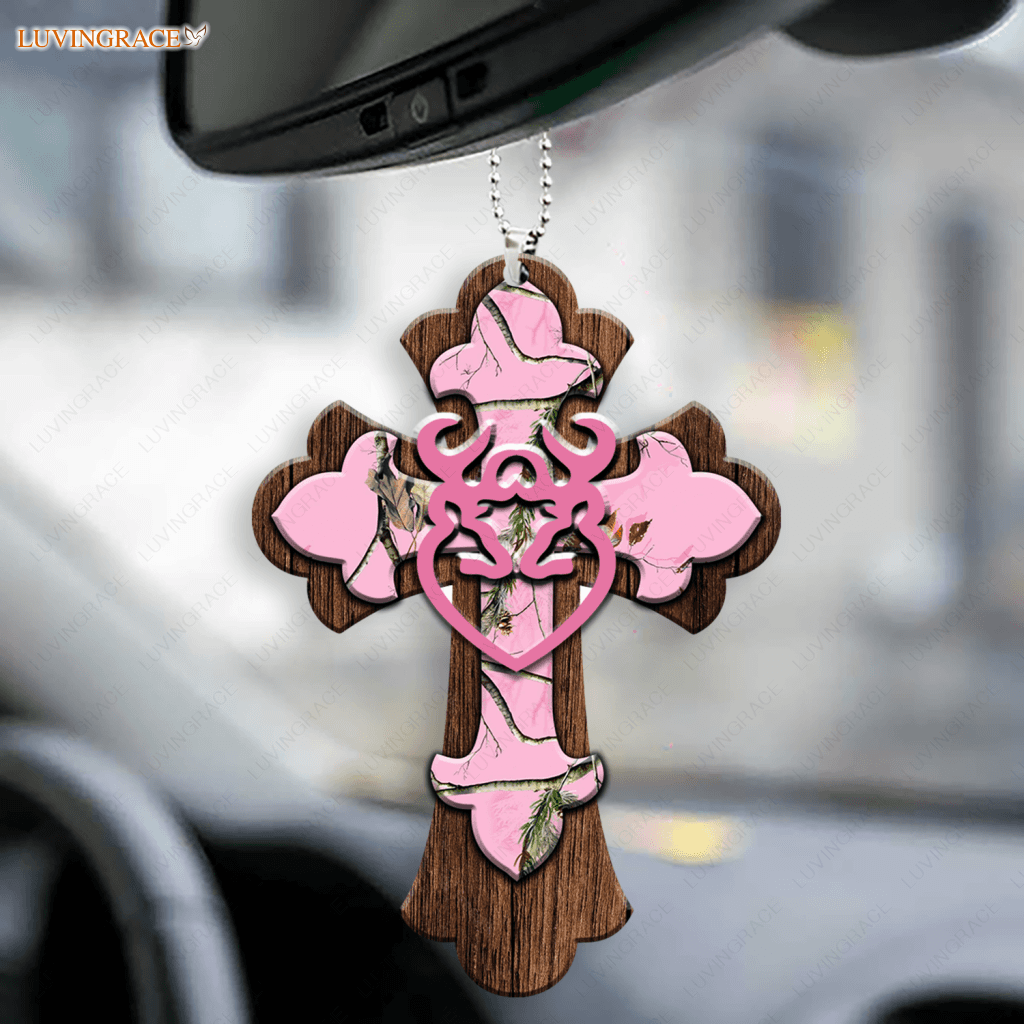 Pink Camo Cross With Large Heart Buck And Doe Ornament
