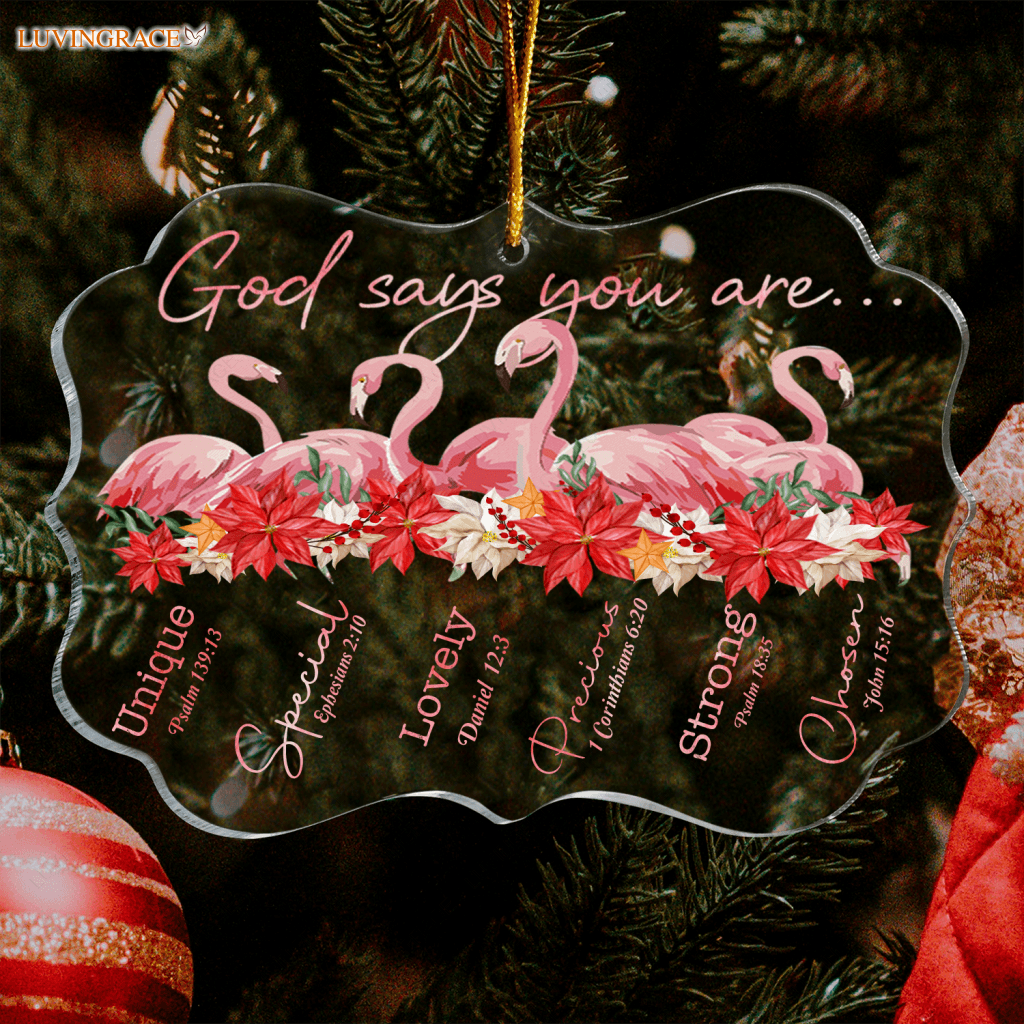 Pink Flamingo And Poinsettia God Says You Are Transparent Ornament