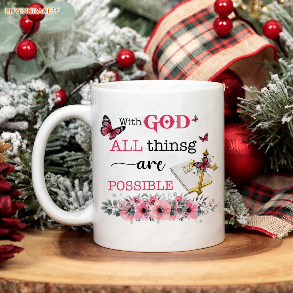 Pink Flower Butterfly Bible Cross With God All Things Are Possible Ceramic Mug