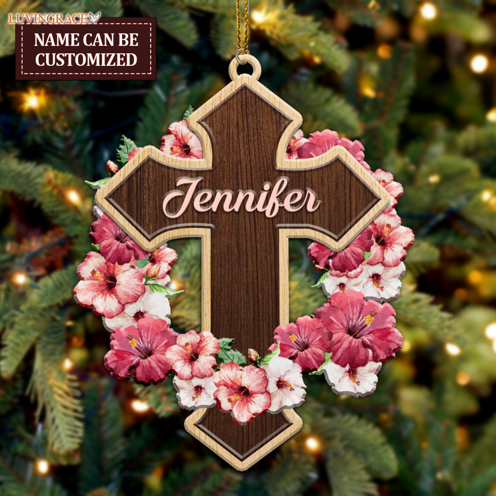 Pink Hibiscus Cross Personalized Wood Engraved Ornaments Wooden Ornament