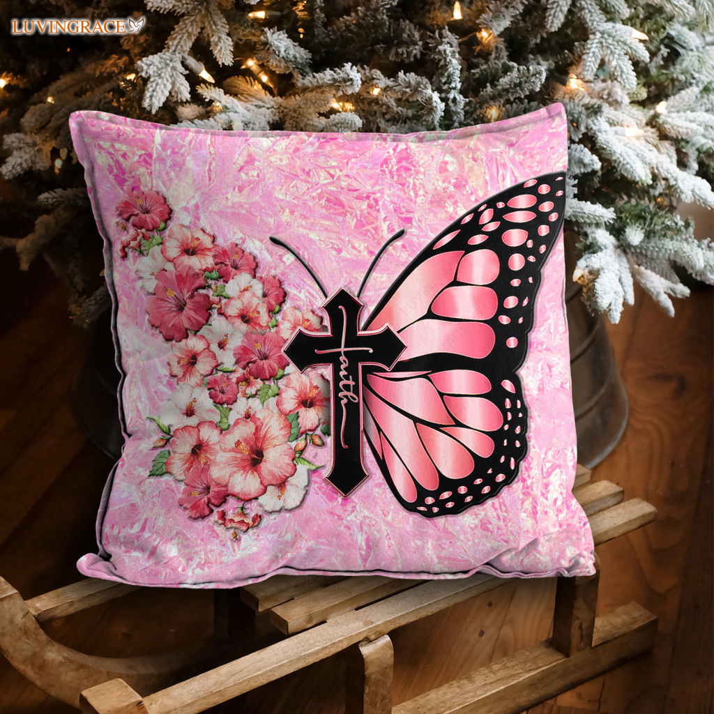 Pink Hologram Hibiscus Faith Cross Butterfly Pillow