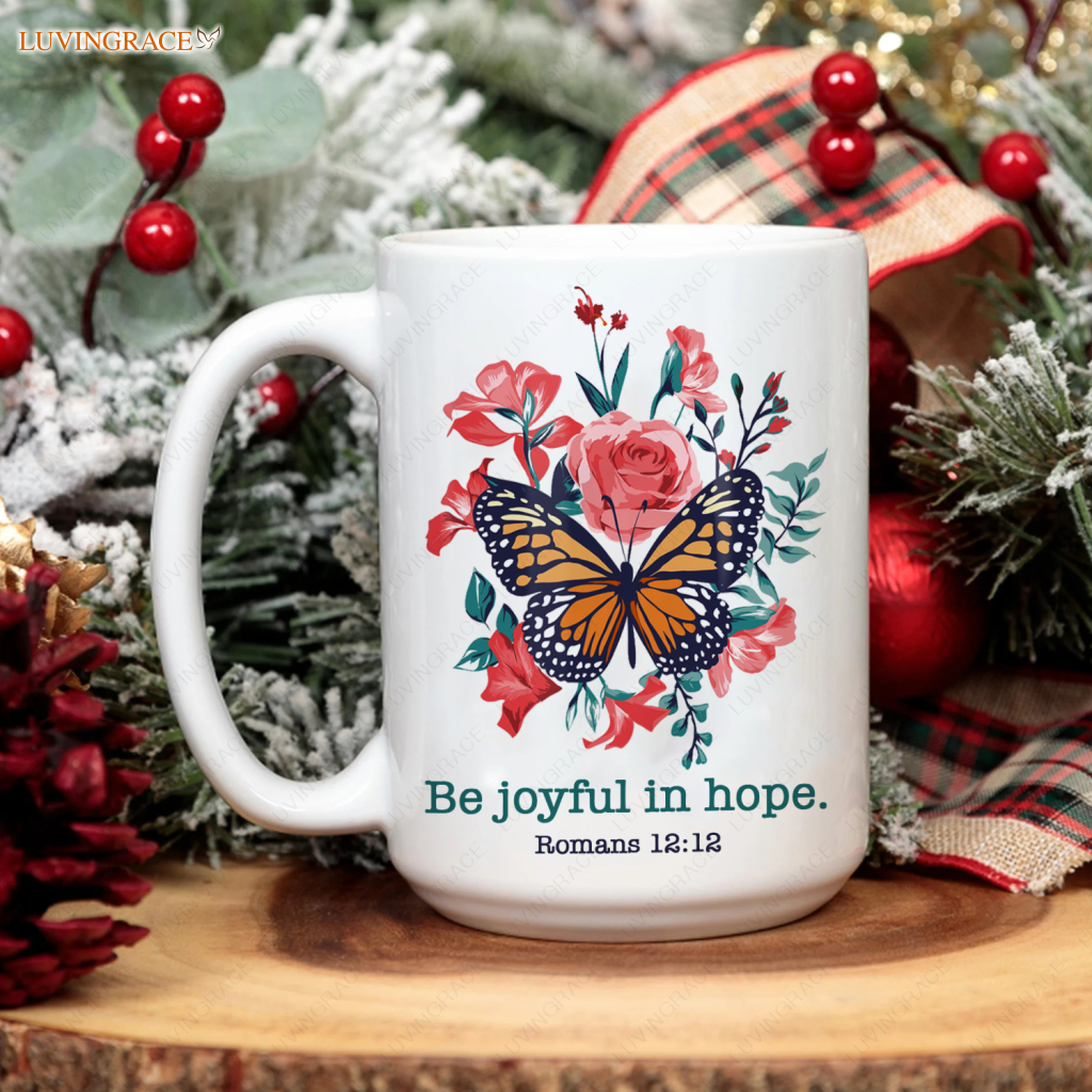 Pink Vintage Butterfly Flower Be Joyful In Hope Mug Ceramic